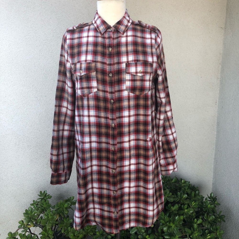 Love Tree brown plaid cotton tunic top sz S/M